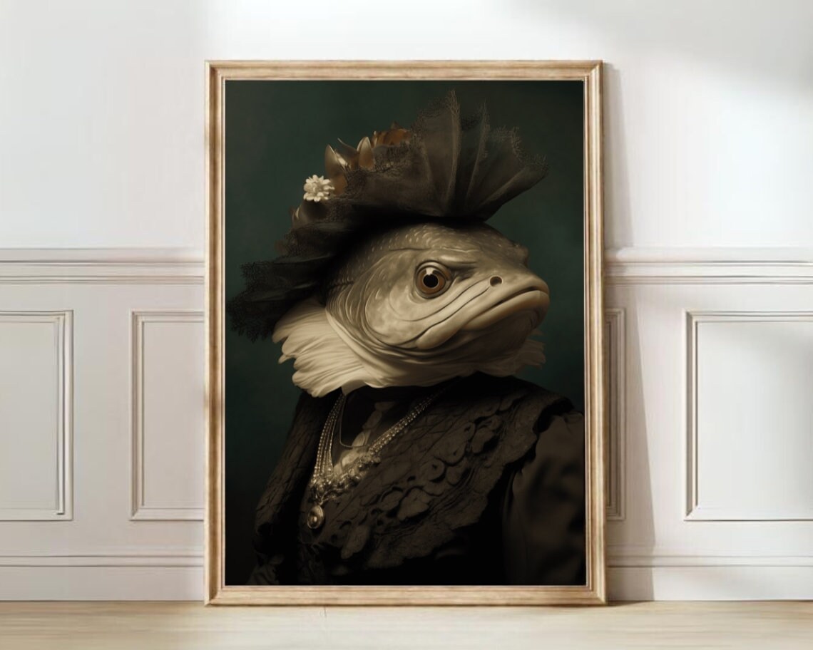 Victorian Fish Lady Portrait In Vintage Gown Dark Academia Poster