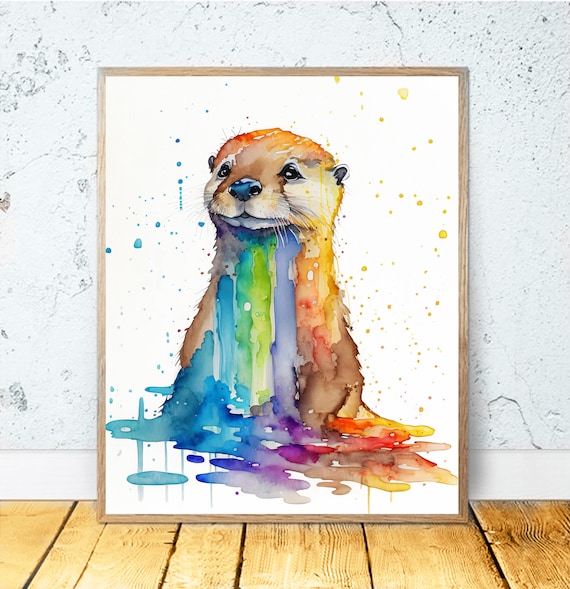 Cute Otter Rainbow Watercolor Splash Playful Animal Nursery Poster