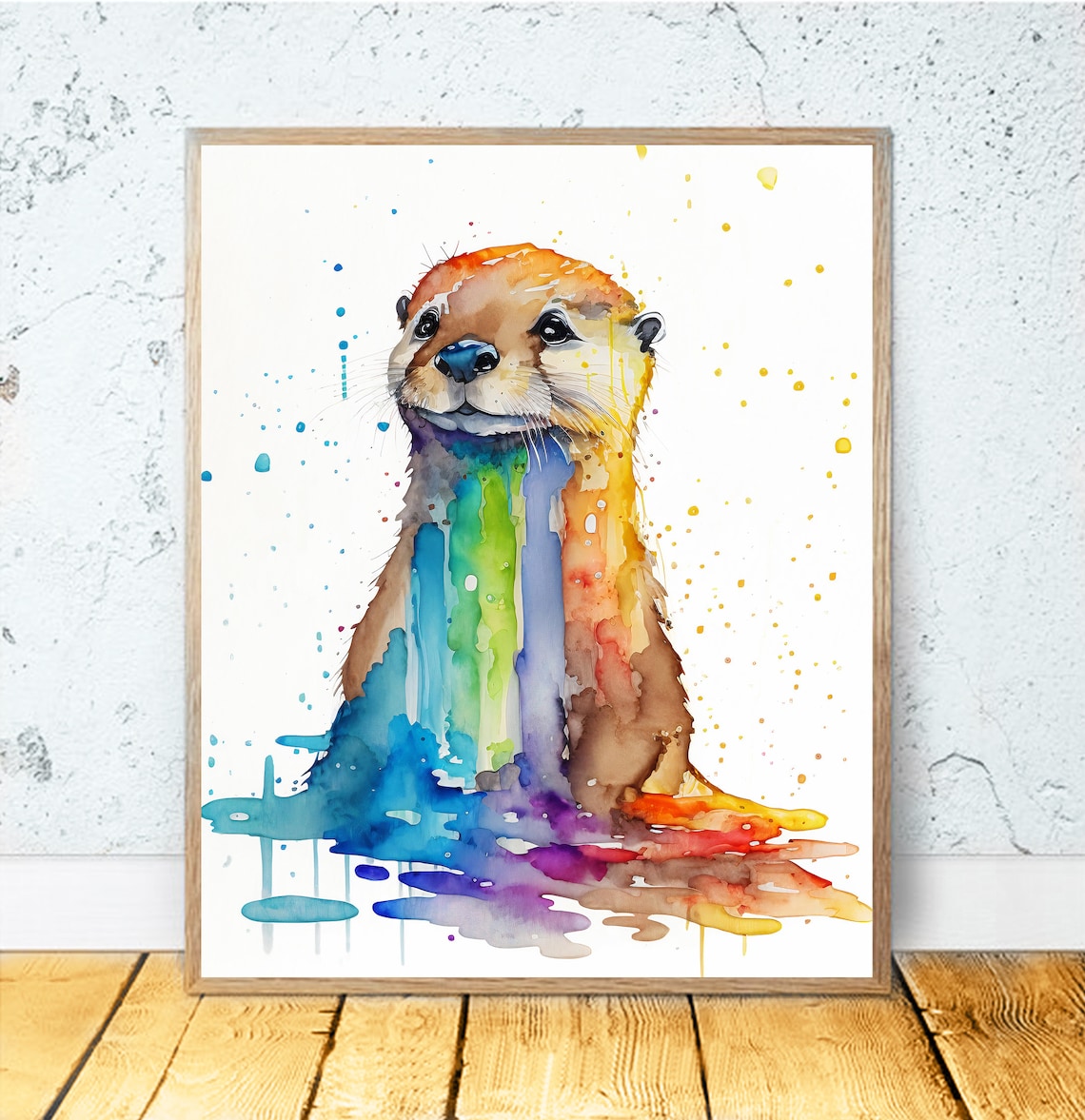 Cute Otter Rainbow Watercolor Splash Playful Animal Nursery Poster