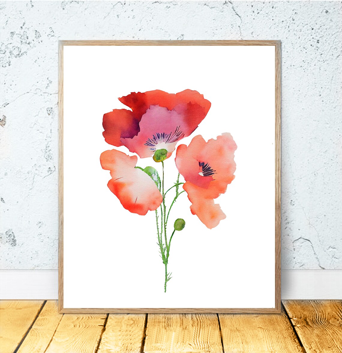 Watercolor Poppies Coral Red Blossoms Minimalist Botanical Poster