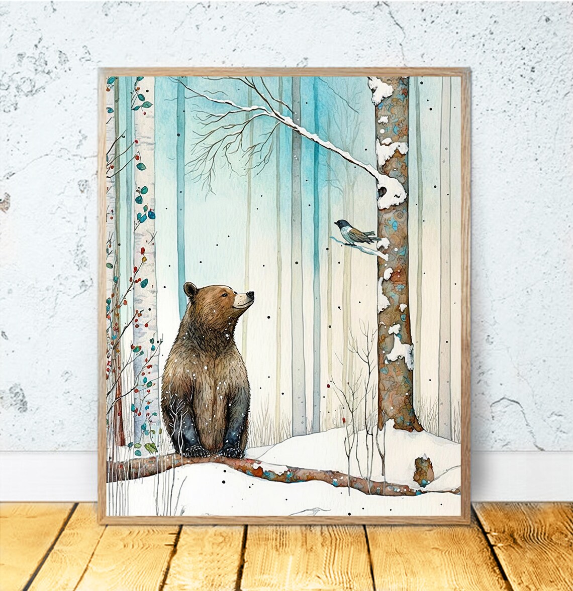 Brown Bear In Snowy Birch Forest Watching Bird Watercolor Poster