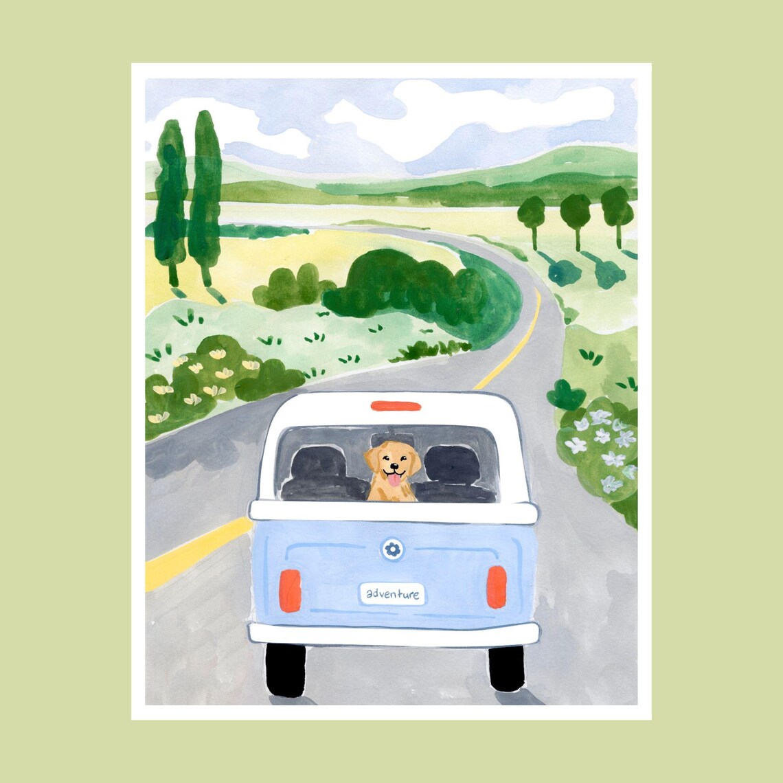 Road Trip Dog Watercolor Travel Poster, Summer Adventure