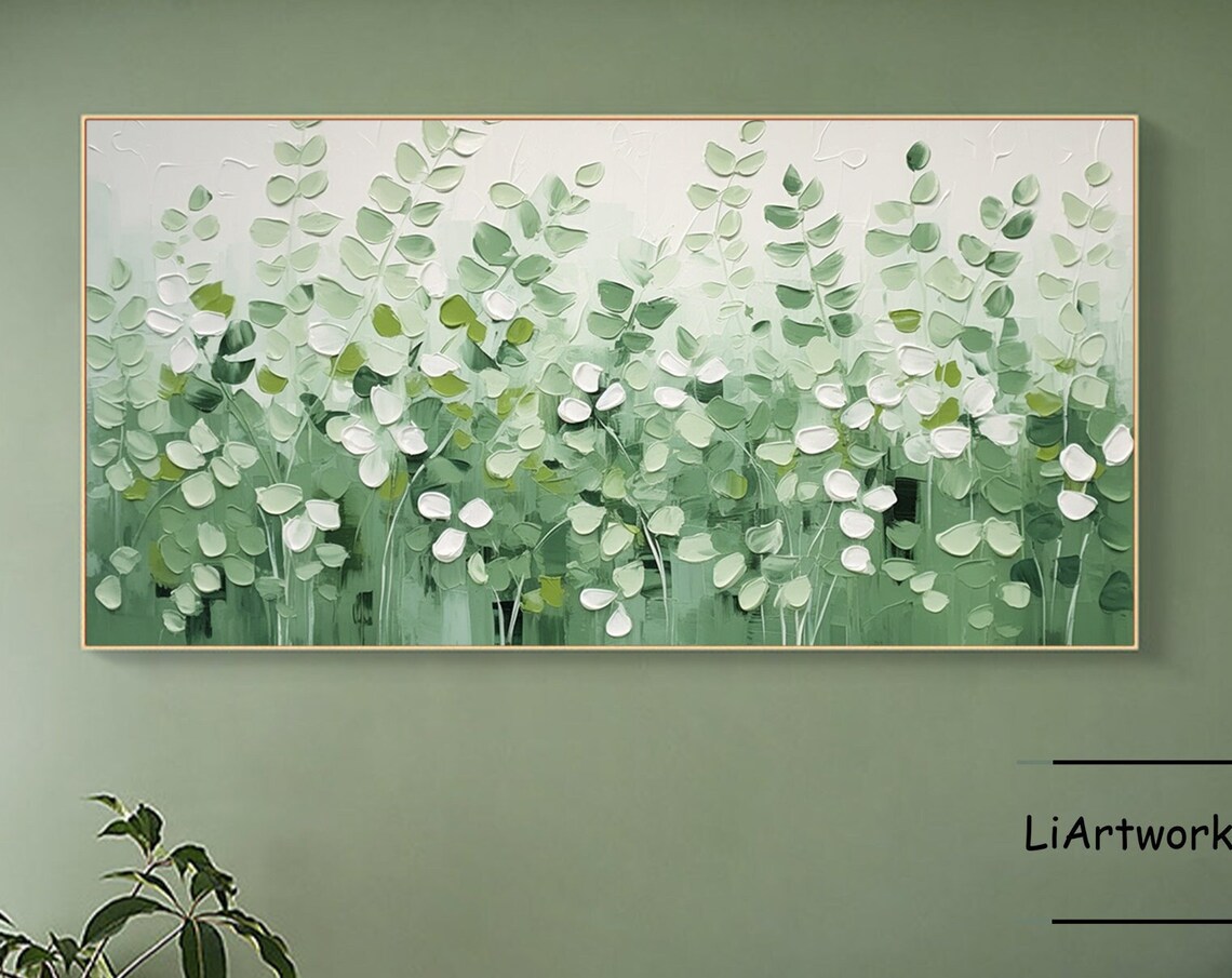 Green And White Leaf Meadow Textured Botanical Wide Art Poster