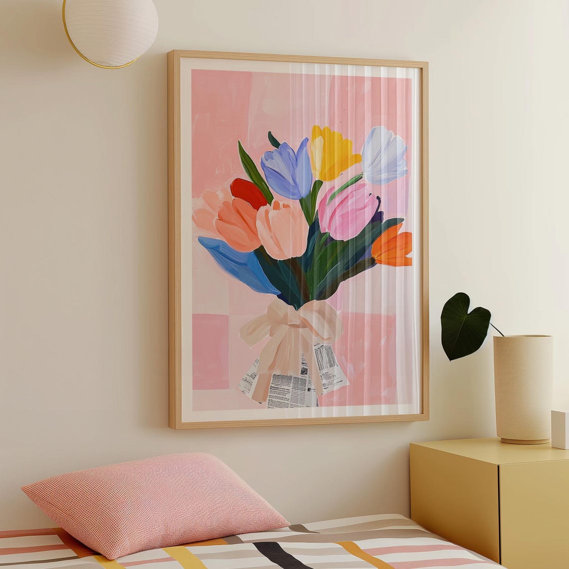 Colorful Tulip Bouquet Wrapped in Newspaper Bow on Pink Print - Image 4