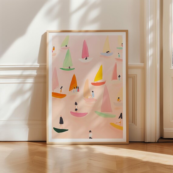 Pastel Sailboats Regatta Pink Sea Scandinavian Coastal Art Print
