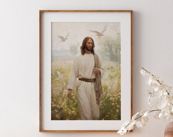 Jesus Christ Walking In Wildflower Meadow With Doves Inspirational Art Poster