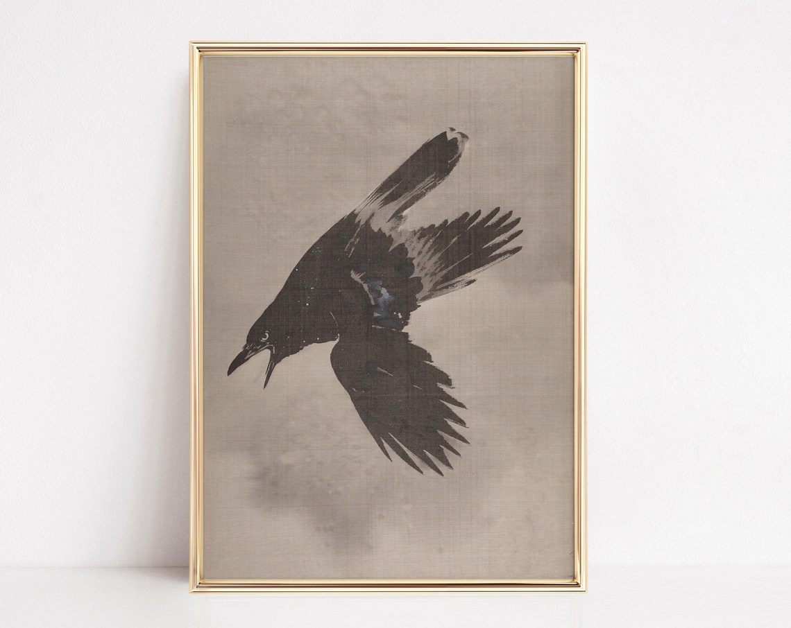 Vintage Japanese Black Crow in Flight Dark Academia Art Poster