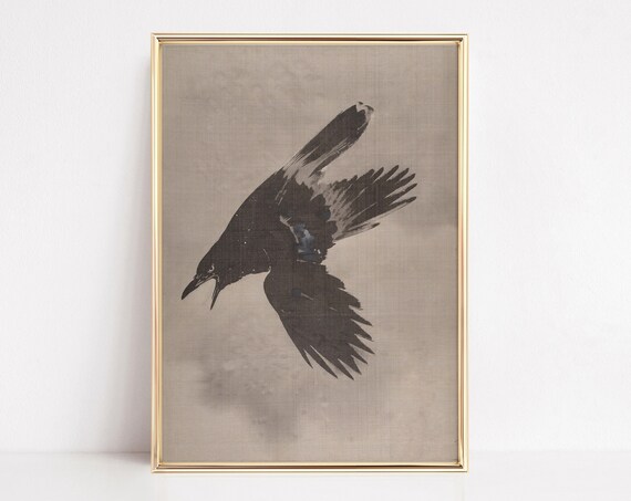 Vintage Japanese Black Crow in Flight Dark Academia Art Poster