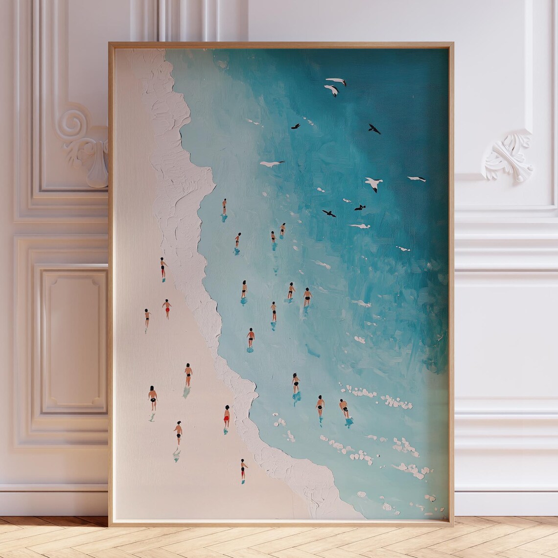 Tiny Swimmers Scattered On Turquoise Aerial Beach Shore Painting Art Poster