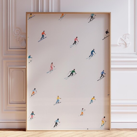 Minimalist Tiny Skiers Pattern Retro Alpine Ski Art Modern Mountain Poster
