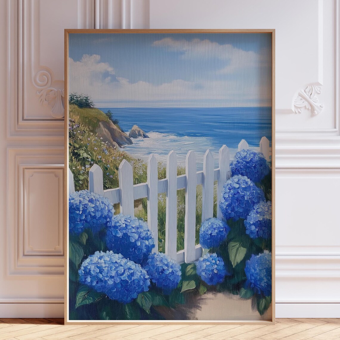 Blue Hydrangeas Overflowing White Picket Fence Coastal Ocean View Art Poster