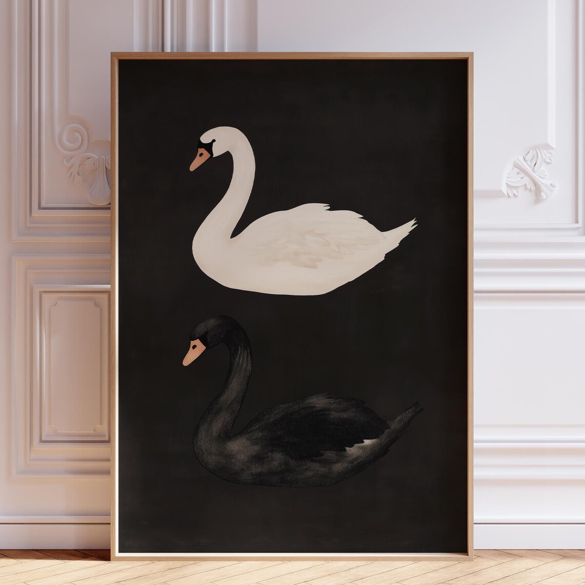 Black and White Swan Pair Swimming Together on a Dark Background Poster