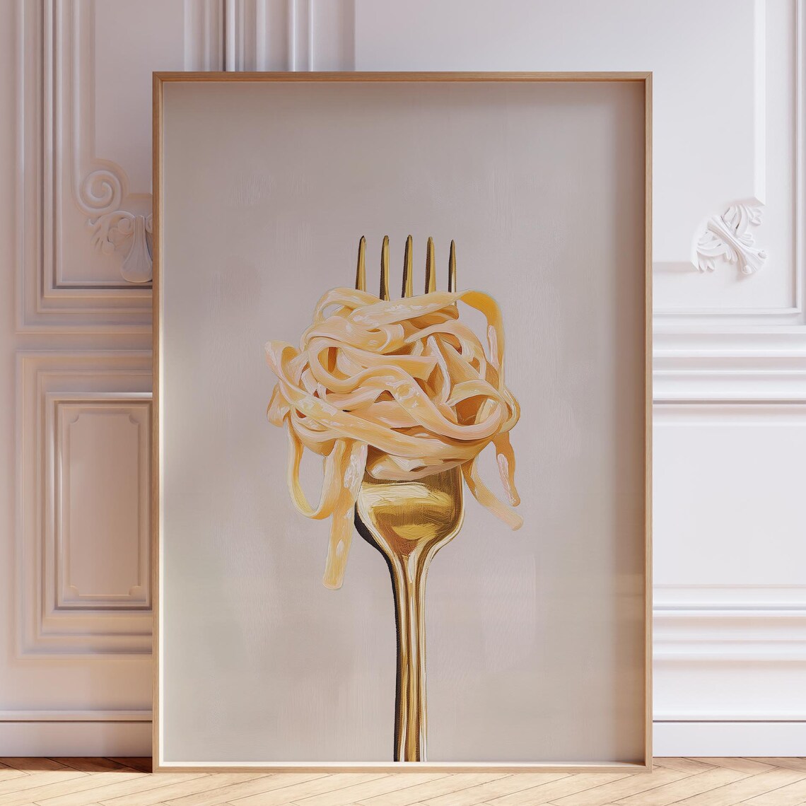 Twirled Pasta On Gold Fork Illustration Fun Italian Kitchen Dining Wall Art