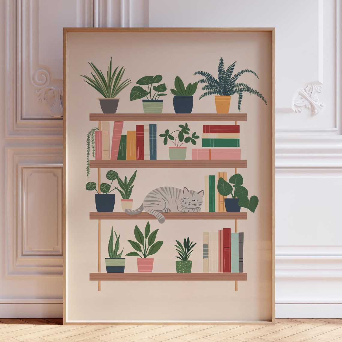 Grey Cat And Plants Poster Pink Book For Library Botanical Minimalist Plant Print Books Boho