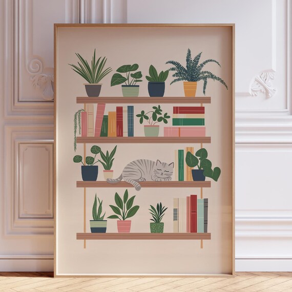 Gray Cat Napping on Wooden Bookshelf Surrounded by Plants Poster