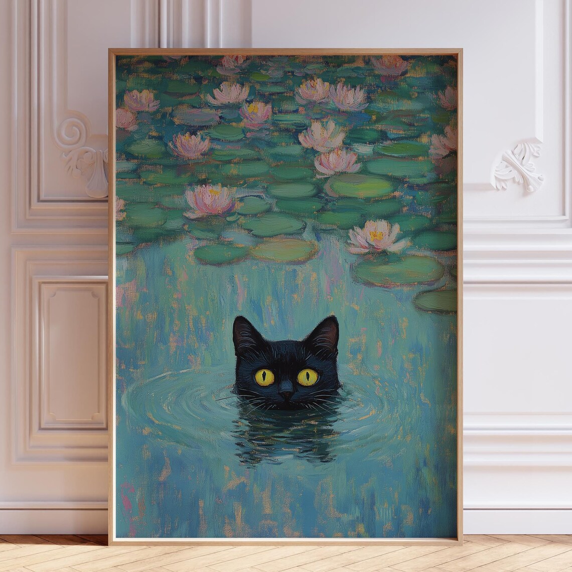 Black Cat In Monet Water Lilies Pond Funny Impressionist Poster