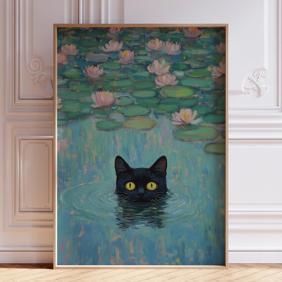 Black Cat In Monet Water Lilies Pond Funny Impressionist Poster