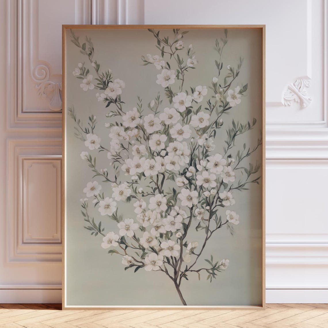 Vintage Floral Art Print Sage Green Antique Painting Botanical Wall Nursery