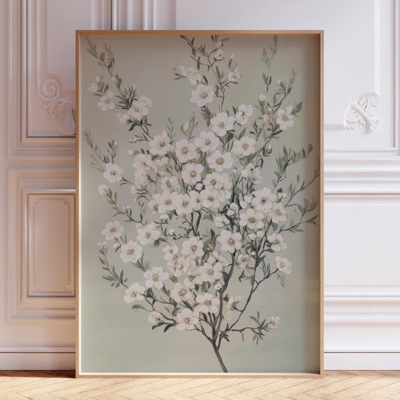 Vintage Floral Art Print Sage Green Antique Painting Botanical Wall Nursery