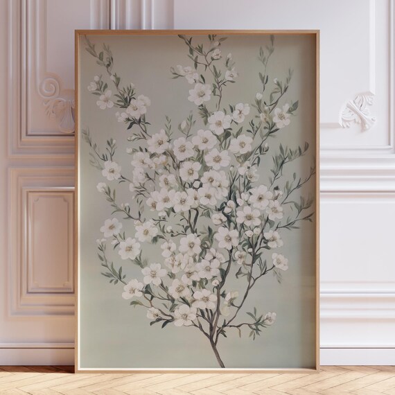 White Blossom Branches On Sage Green Vintage Botanical Art Poster