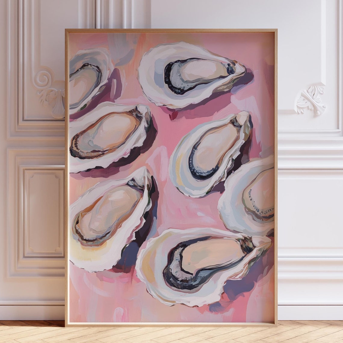 Oysters on Pink Background Modern Coastal Kitchen Decor Poster