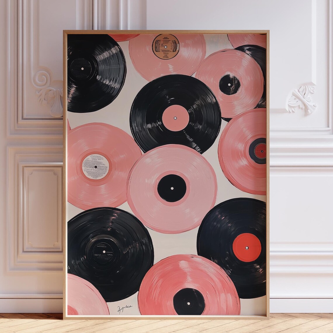Stacked Pink and Black Vinyl Records Retro Music Lover's Wall Art