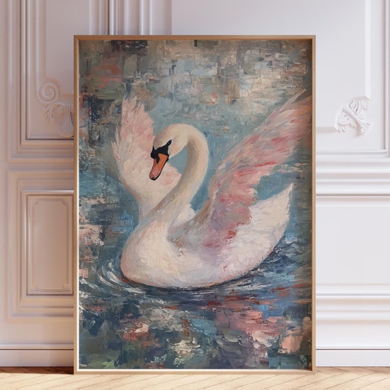 Blue Swan Print White Pint Vintage Watercolor Wall Art Pink Nursery Animal