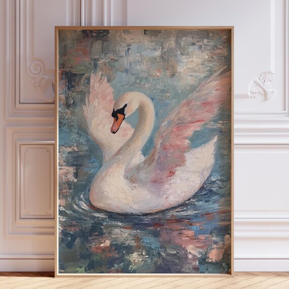 White Swan on Blue Water Impressionist Oil Painting Wall Art