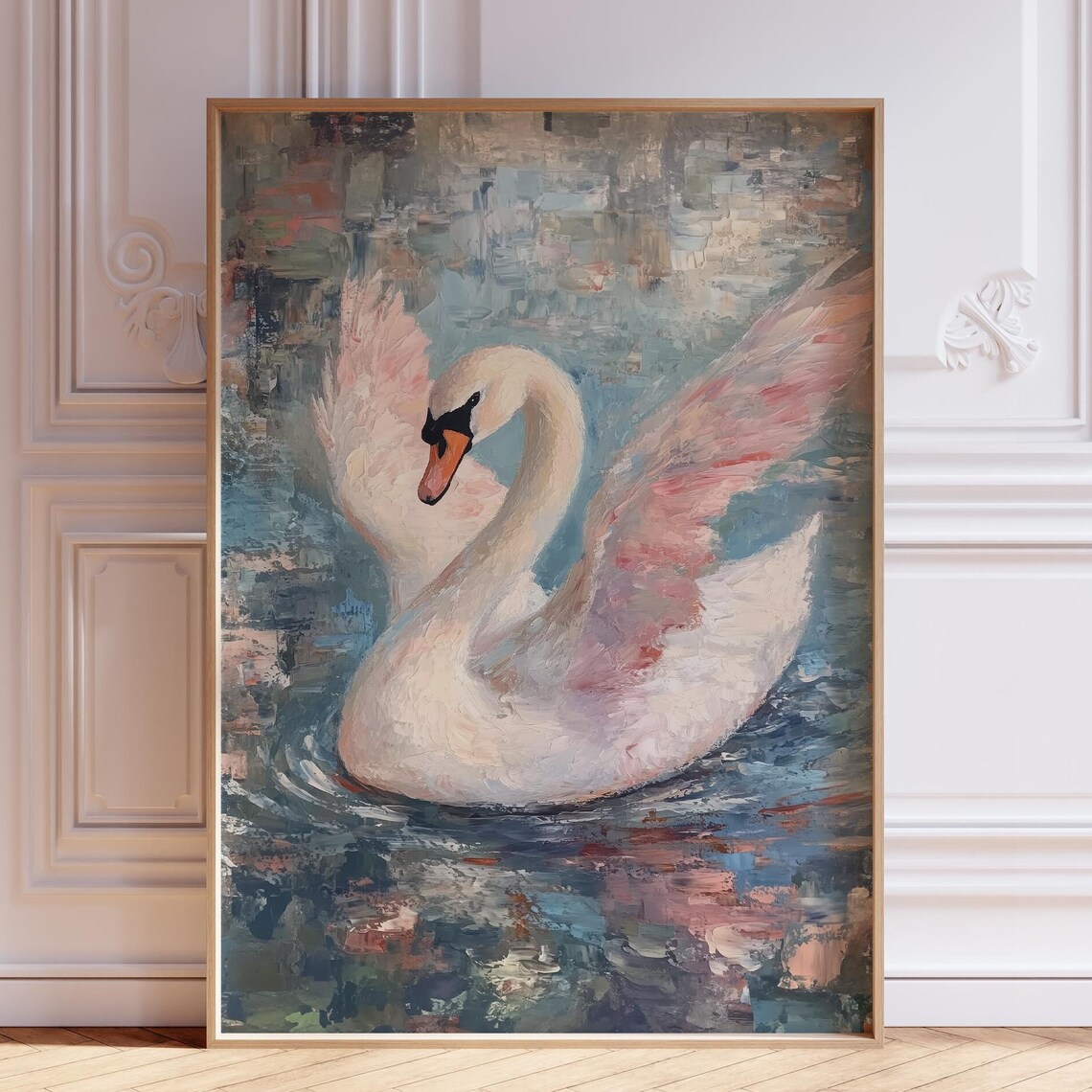 White Swan on Blue Water Impressionist Oil Painting Wall Art