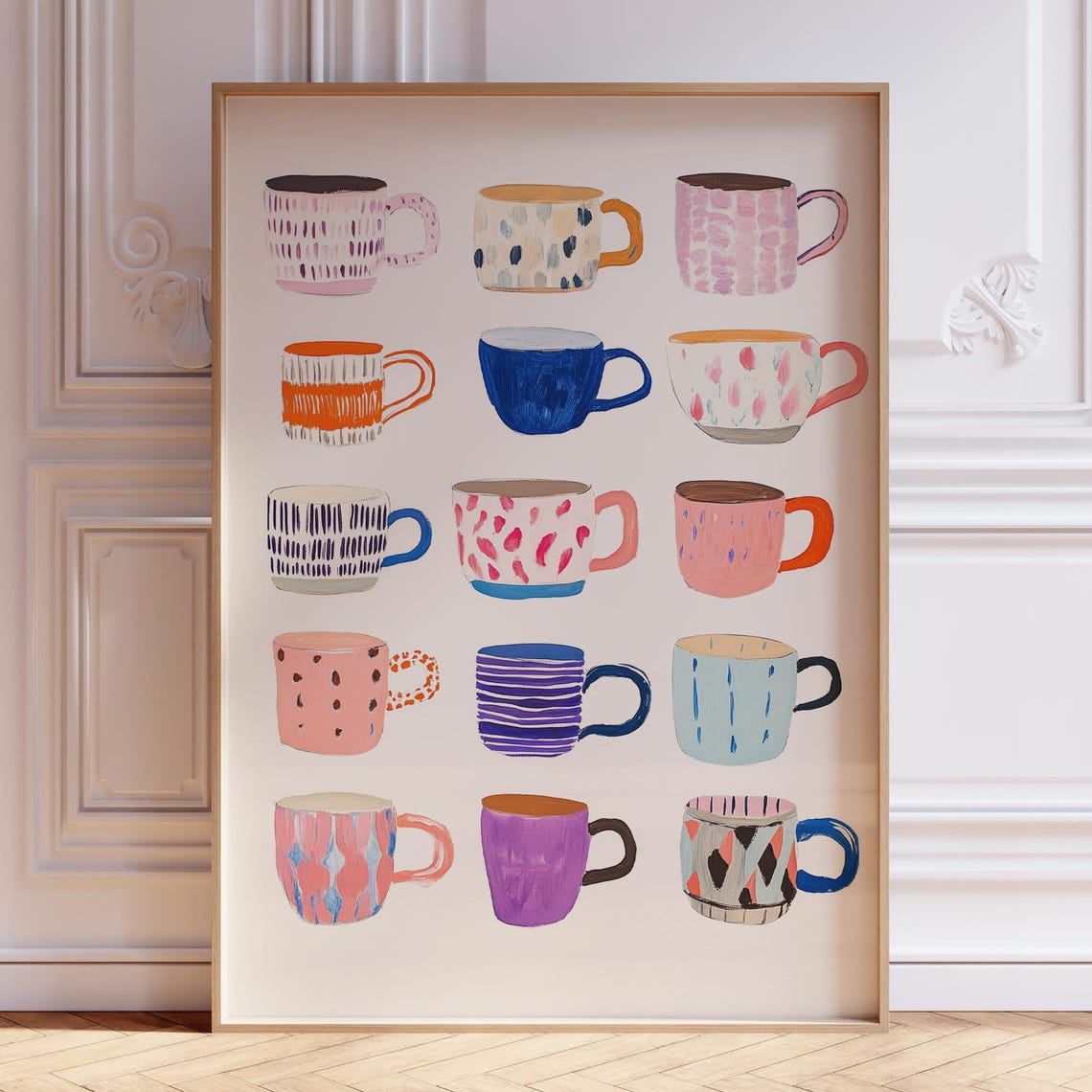 Hand Painted Colorful Coffee Cup Grid Playful Kitchen Decor Poster