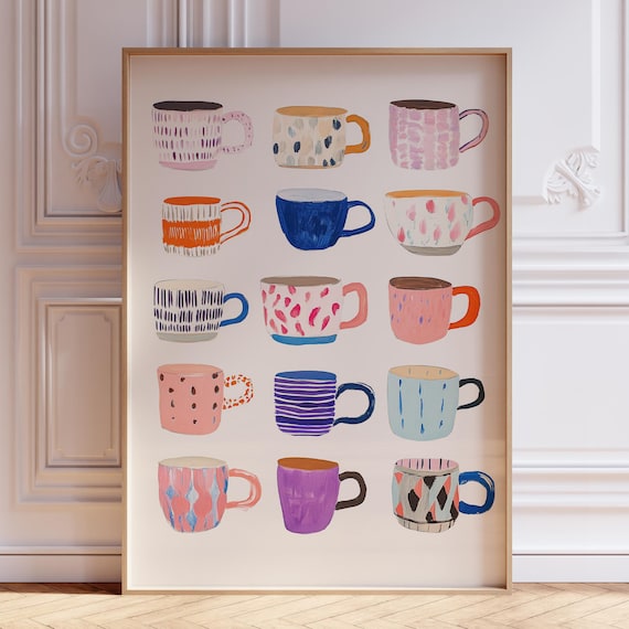 Hand Painted Colorful Coffee Cup Grid Playful Kitchen Decor Poster