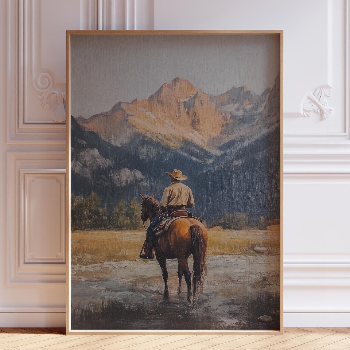 Antique Cowboy On Horseback Facing Mountain Range Oil Painting Poster