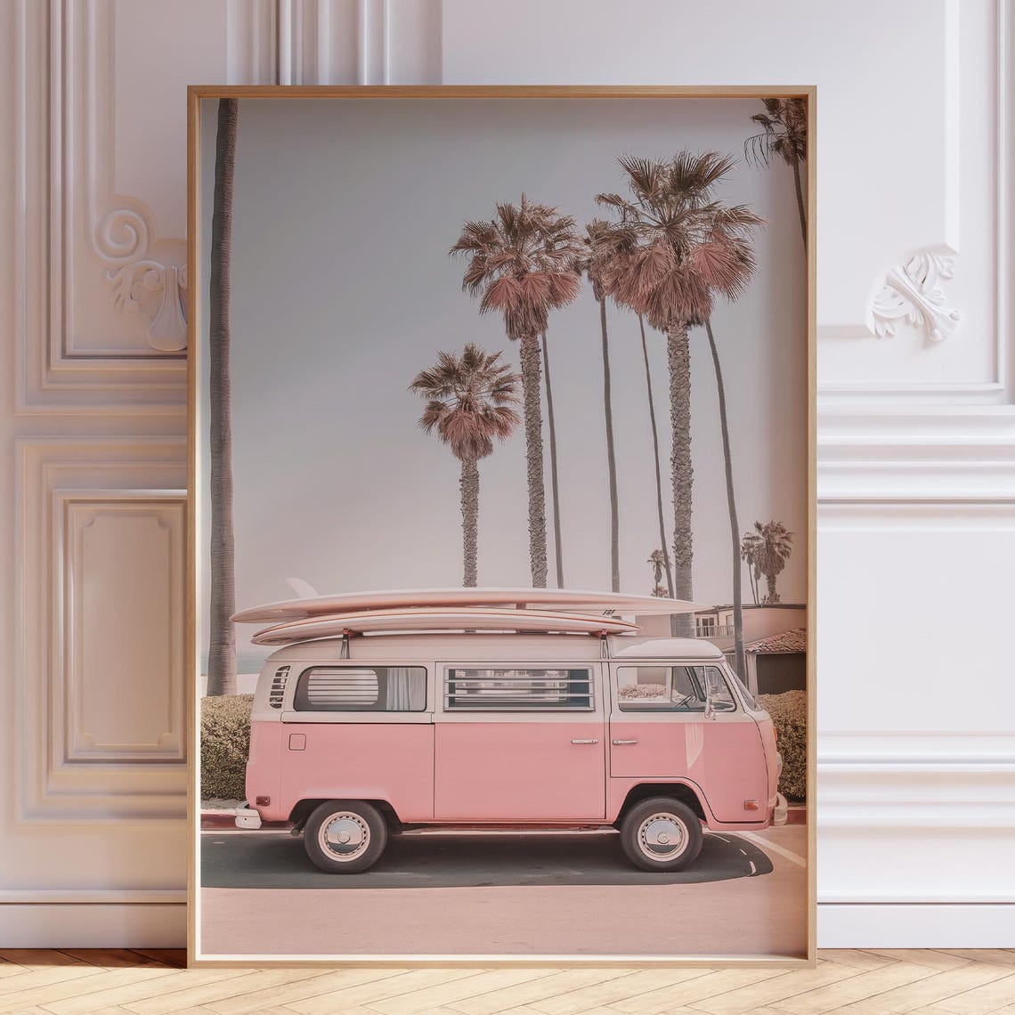 Pink Vintage Surf Van Surfboards Palm Trees Coastal Wall Art Decor