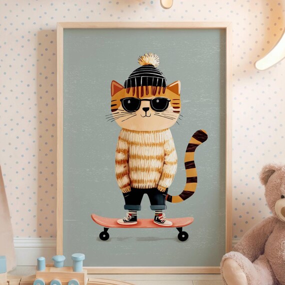 Cool Tabby Cat With Sunglasses Riding Skateboard Kids Poster