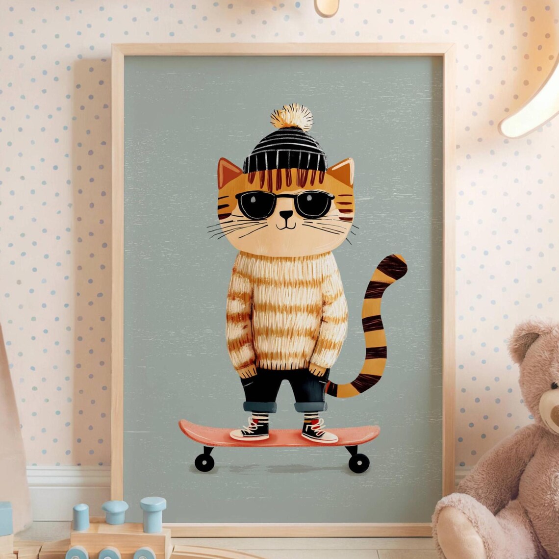 Cool Tabby Cat With Sunglasses Riding Skateboard Kids Poster