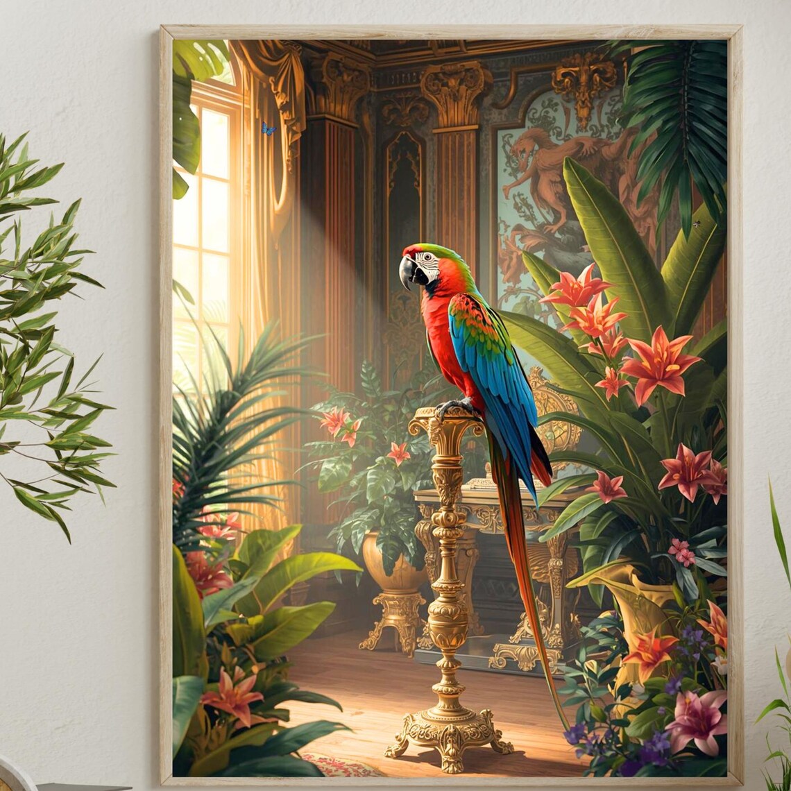 Colorful Macaw Parrot Baroque Tropical Palace Graphic Art Poster