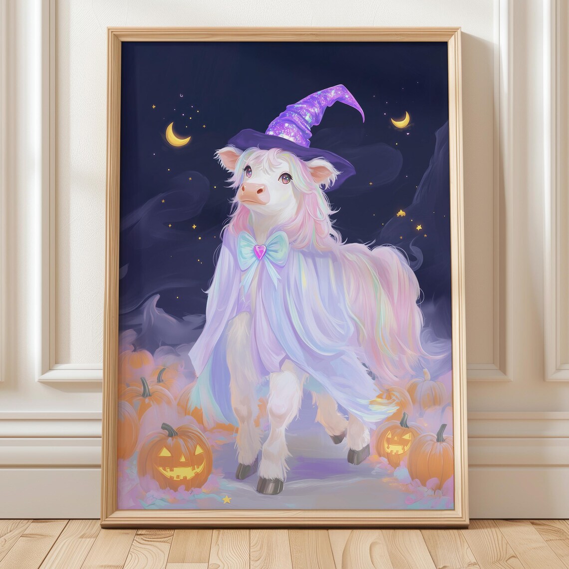 Iridescent Pastel Highland Cow Witch Hat Halloween Magical Night Poster