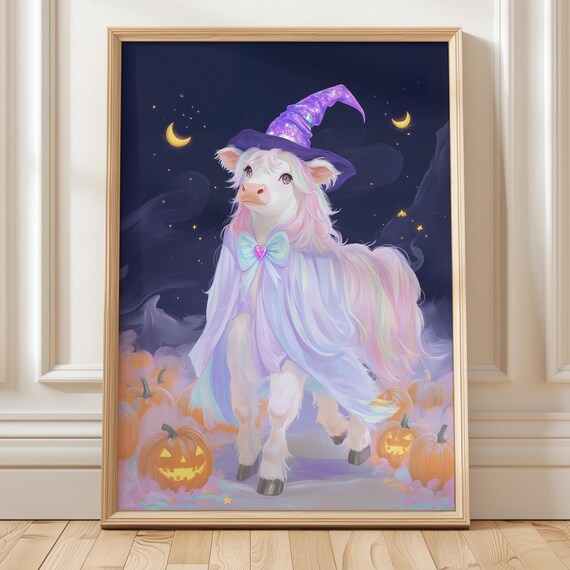 Iridescent Highland Cow Halloween Wall Art Print Cute Witchy Pastel Magical Coquette Animal Artwork Spooky Autumn Neon