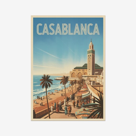 Casablanca Morocco Vintage Ocean Promenade and Mosque Travel Poster