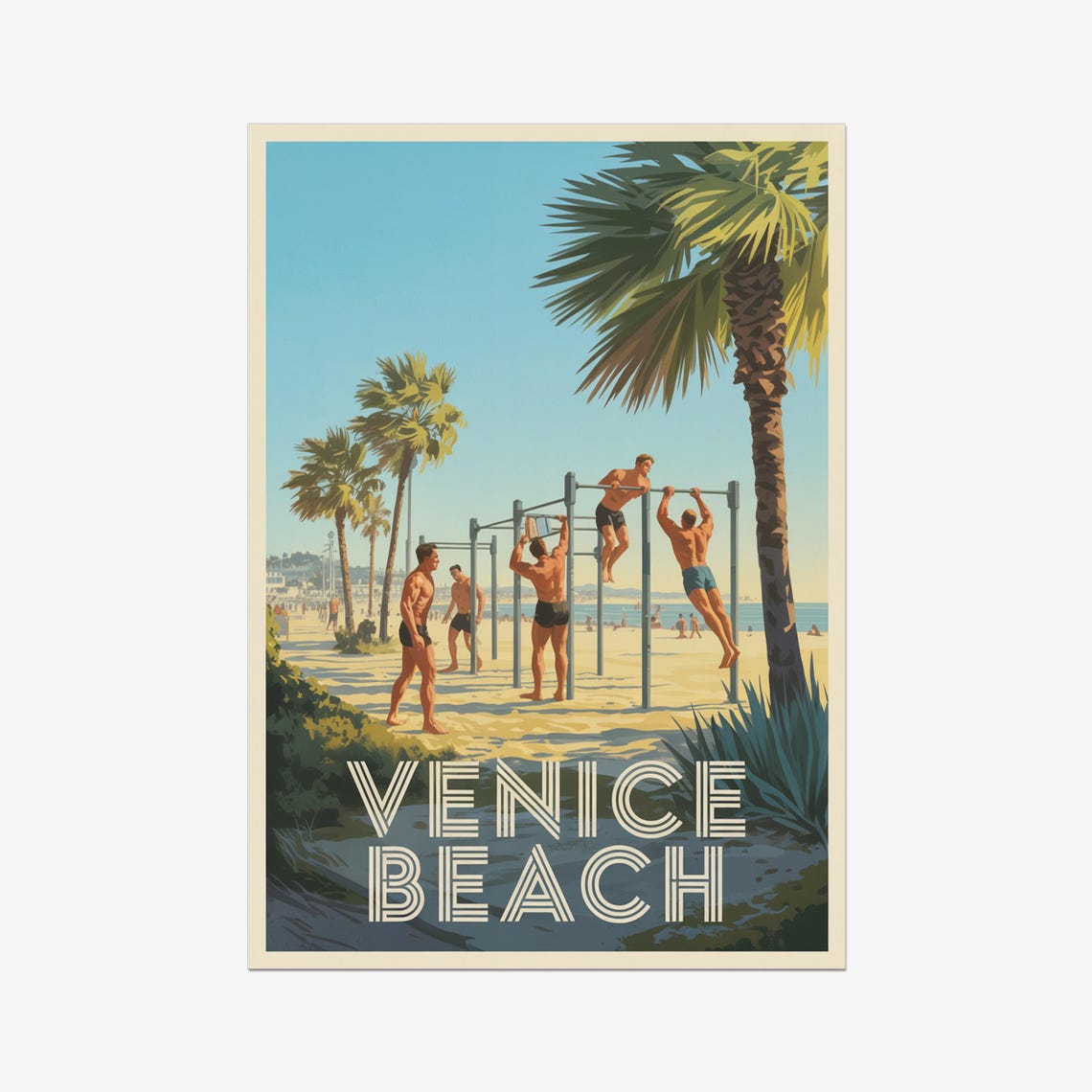 Venice Beach Muscle Beach Workout Palm Trees Retro Travel Poster
