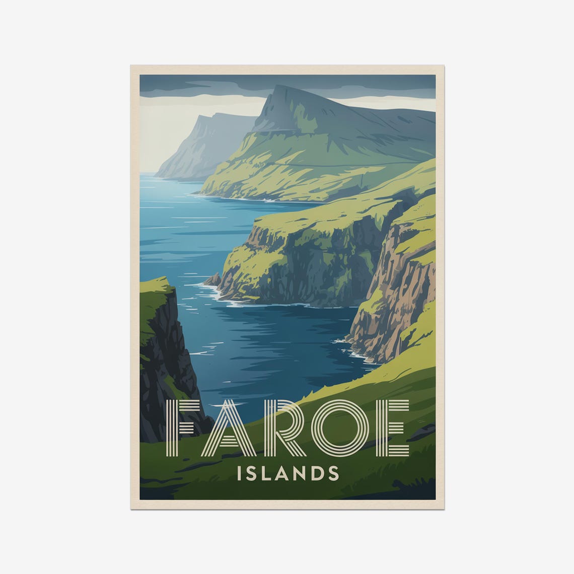 Faroe Islands Vintage Travel Poster Dramatic Green Sea Cliffs Art
