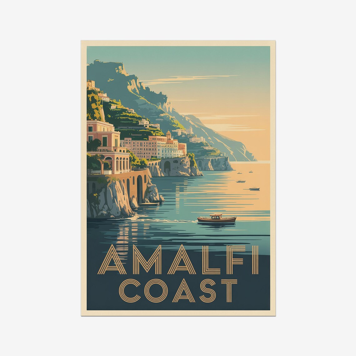 Amalfi Coast Italy Cliffside Town Sunset Boat Vintage Travel Poster
