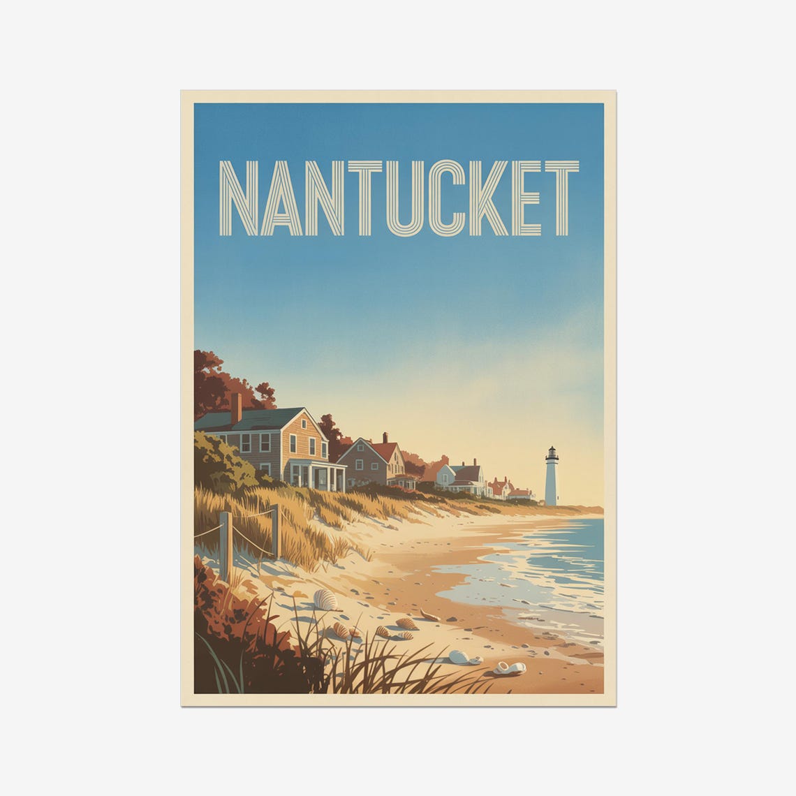Nantucket Beach Cottages and Lighthouse Seaside Vintage Travel Poster