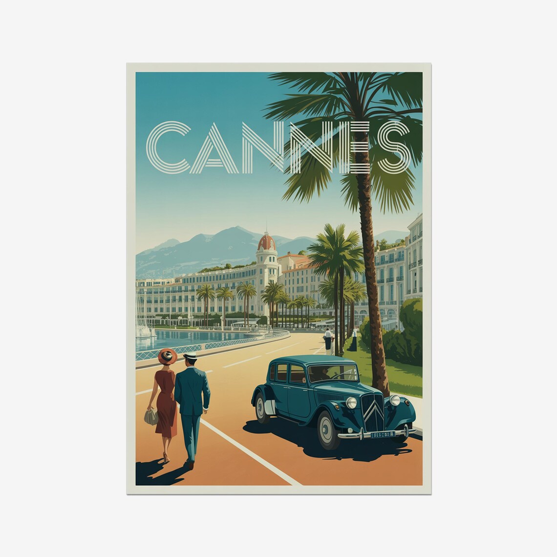 Cannes French Riviera Promenade Vintage Car Classic Travel Poster