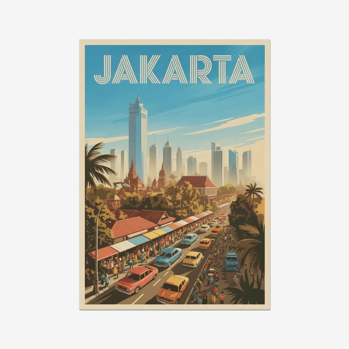 Jakarta Indonesia Skyline Vintage Cars Retro City Travel Poster