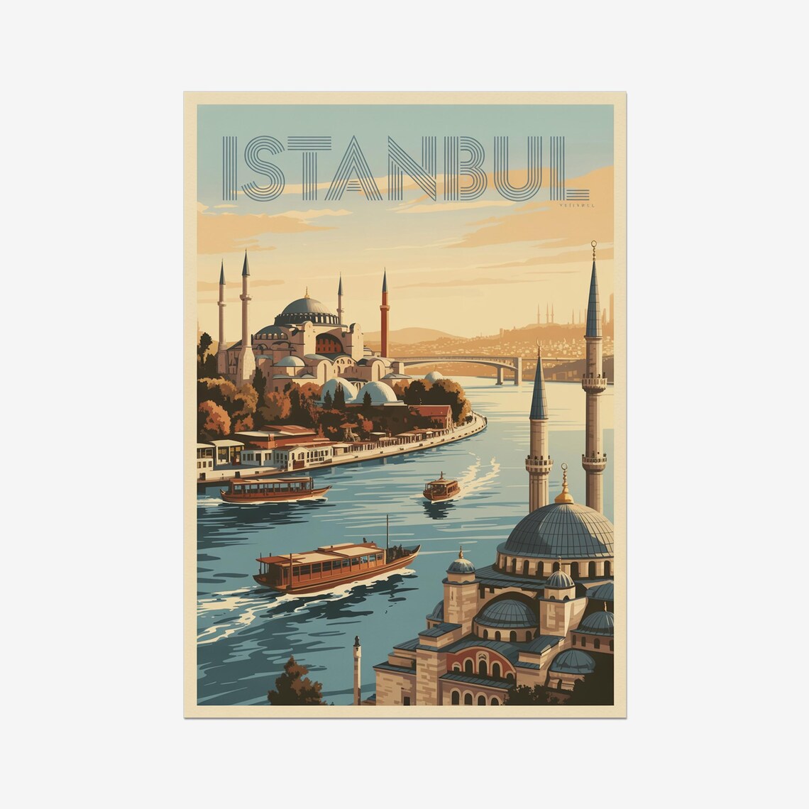 Istanbul Vintage Travel Poster With Mosques Ferries On The Bosphorus