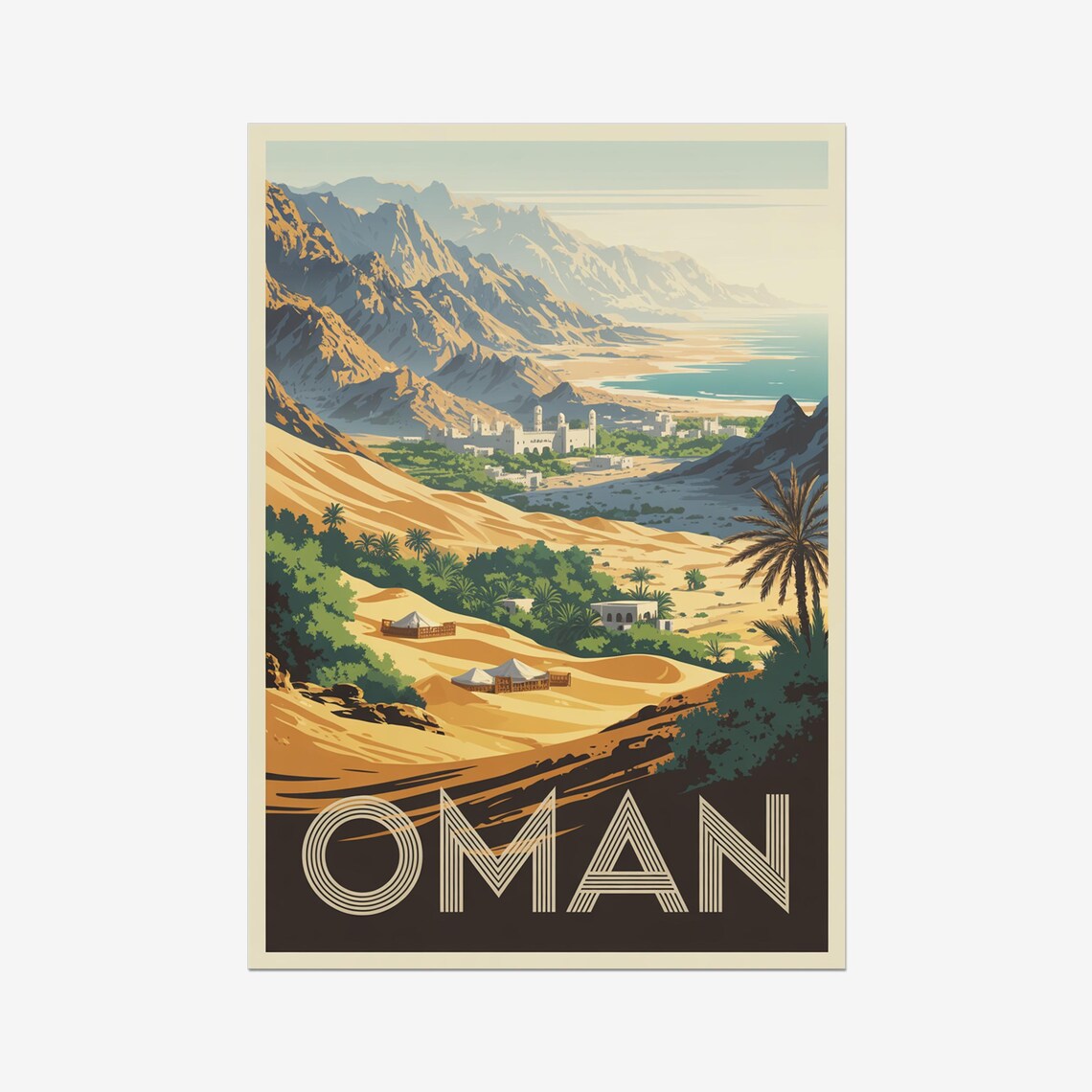 Oman Desert Dunes Fort Vintage Middle East Travel Adventure Poster