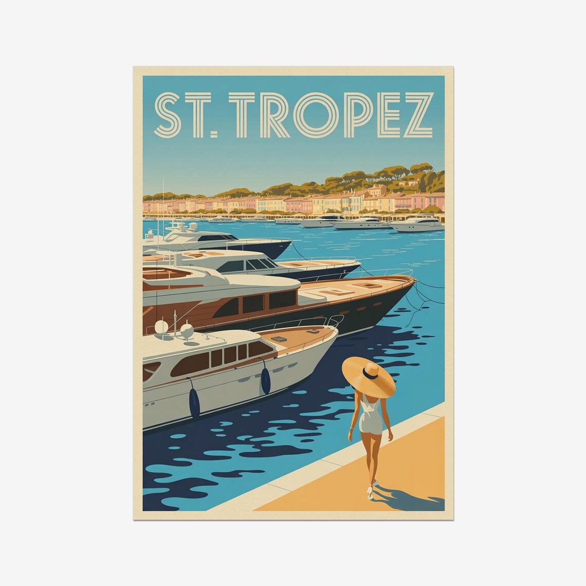 St. Tropez French Riviera Marina Yachts Sunhat Vintage Travel Poster