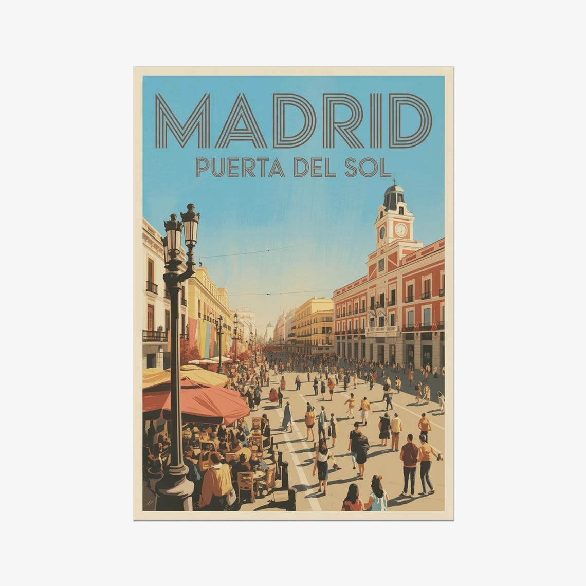 Madrid Puerta Del Sol Vintage Square Crowd Clock Tower Retro Poster