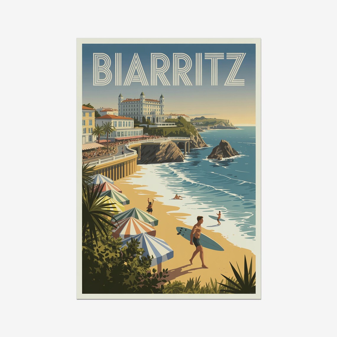 Biarritz France Surf Beach Umbrellas Retro Vintage Travel Poster